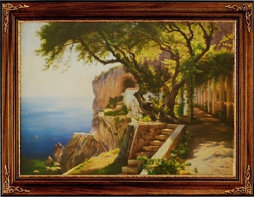 Картина 4394 большой средиземноморский пейзаж в деревянной раме Орех купить интернет магазина Спациодекор