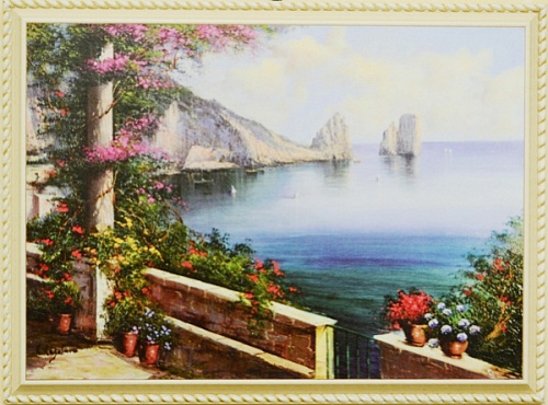 Картина  5110 A небольшая картина в белой раме с изображением средиземноморского пейзажа