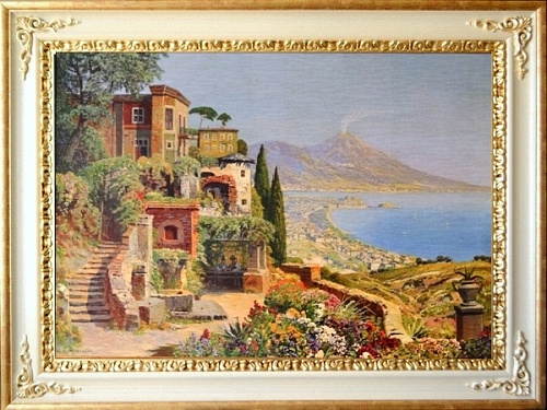 Картина 5826 большая картина средиземноморье в белой раме с золотым декором в гостиную над диваном