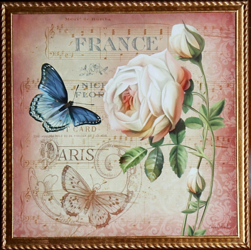 Картина  5474 B предметная композиция с розами и бабочкой в стиле прованс