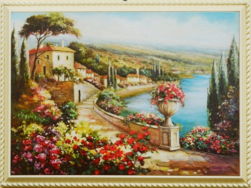 Картина  5110 B небольшая картина в белой раме с изображением средиземноморского пейзажа