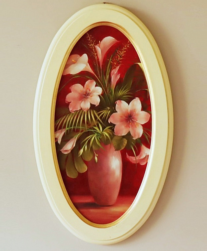 Картина 5551А овальная картина в белой раме букет цветов в вазе