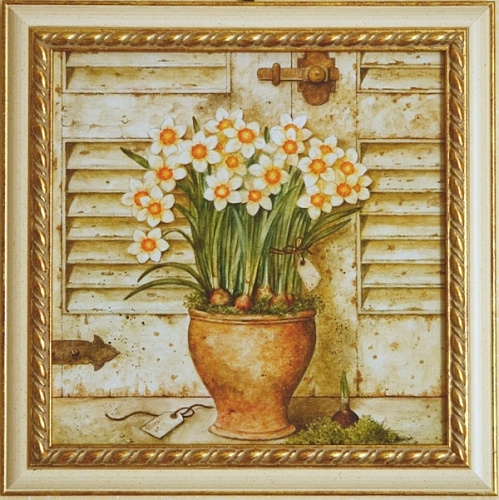 Картина 5116 B букет тюльпанов в ведре в белой деревянной раме