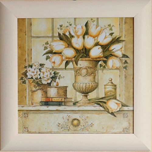 Картина 5075B белые тюльпаны в вазе в белой раме