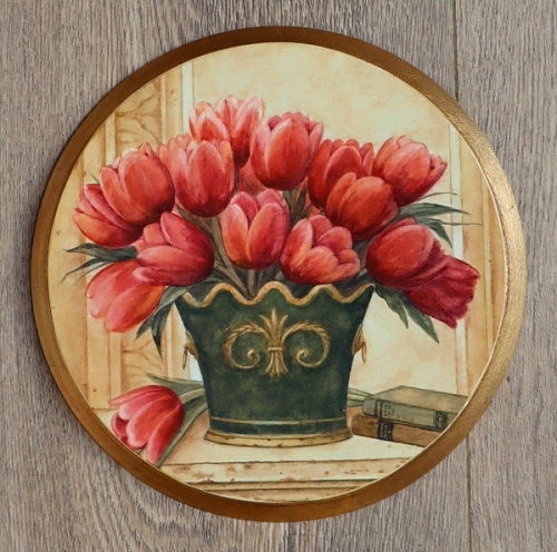 Картина 5019A с тюльпанами в круглой золотой раме