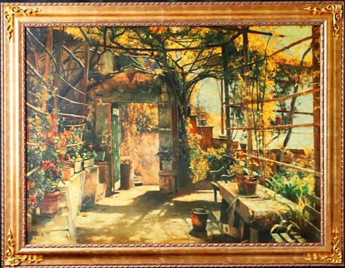Картина 3966 Большая рупродукция тема средиземноморский пейзаж в золотой раме над диваном купить