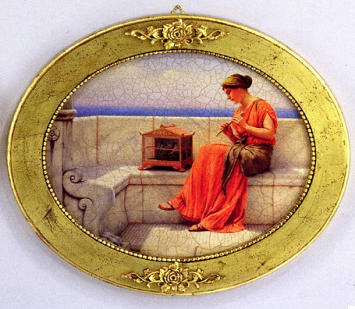 Картина 3978 В овальная картина в золотой раме в декором Бант с изображением девушки с видом на море