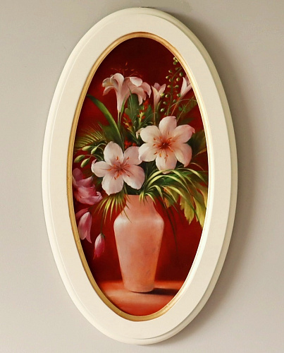 Картина 5551B овальная картина в белой раме букет цветов в вазе