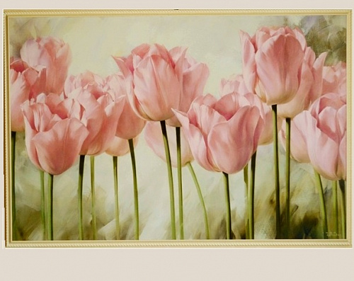 Картина  5399 с тюльпанами в белой раме для спальни повесить над кроватью