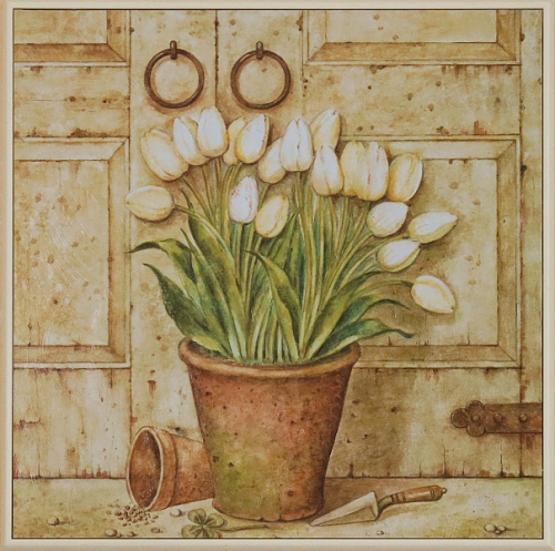 Картина  5199 B букет белых тюльпанов в ведре. Сельский стиль