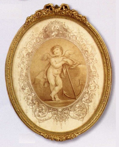 Картина 4418 В овальные гравюры с ангелочками в золотых рамах в декором в виде бантика