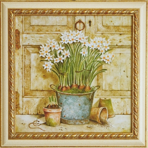 Картина 5116 A букет тюльпанов в ведре в белой деревянной раме
