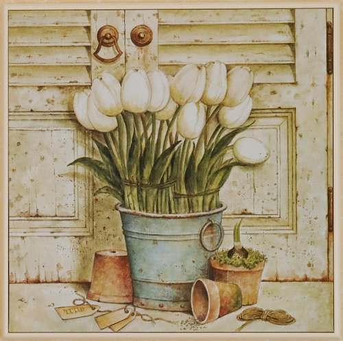 Картина  5199 A букет белых тюльпанов в ведре. Сельский стиль