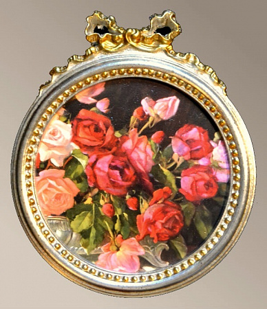 Картина 5993 B миниатюра с цветами в круглой раме с бантом в серебряной раме