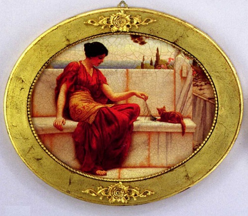 Картина 3978 А овальная картина в золотой раме в декором Бант с изображением девушки с видом на море