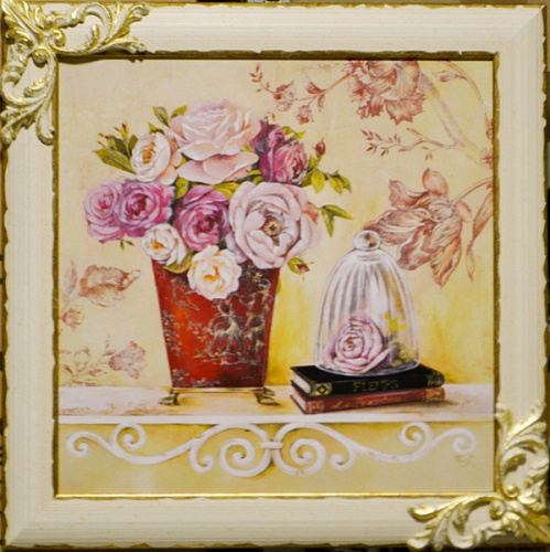 Картина 4986 B коллаж в сельском стиле в белой раме с золотым декором