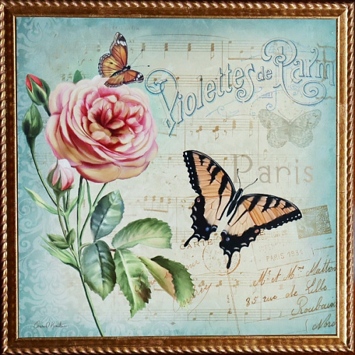 Картина  5474 A предметная композиция с розами и бабочкой в стиле прованс