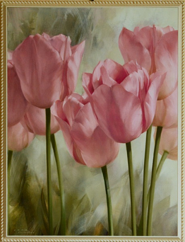 Картина  5400 A с розовыми тюльпанами в белой раме