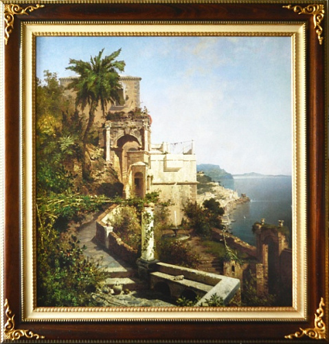 Картина 4213 средиземноморский пейзаж в раме орех купить в интернет магазине Спациодекор