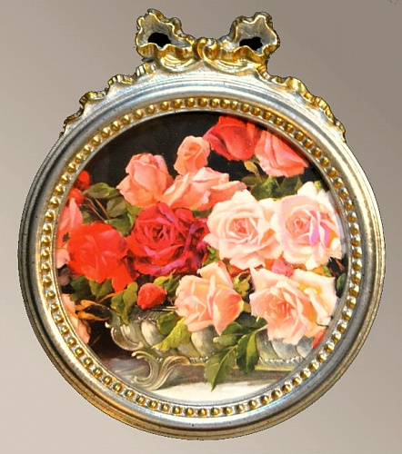 Картина 5993 А миниатюра с цветами в круглой раме с бантом в серебряной раме