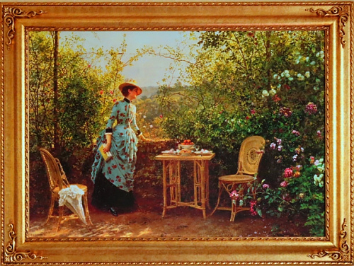 Картина  5240 B большая картина девушка в саду в золотой раме повесить над диваном