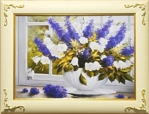 Картина  5276 B букет цветов в белой раме с золотым декором для спальни